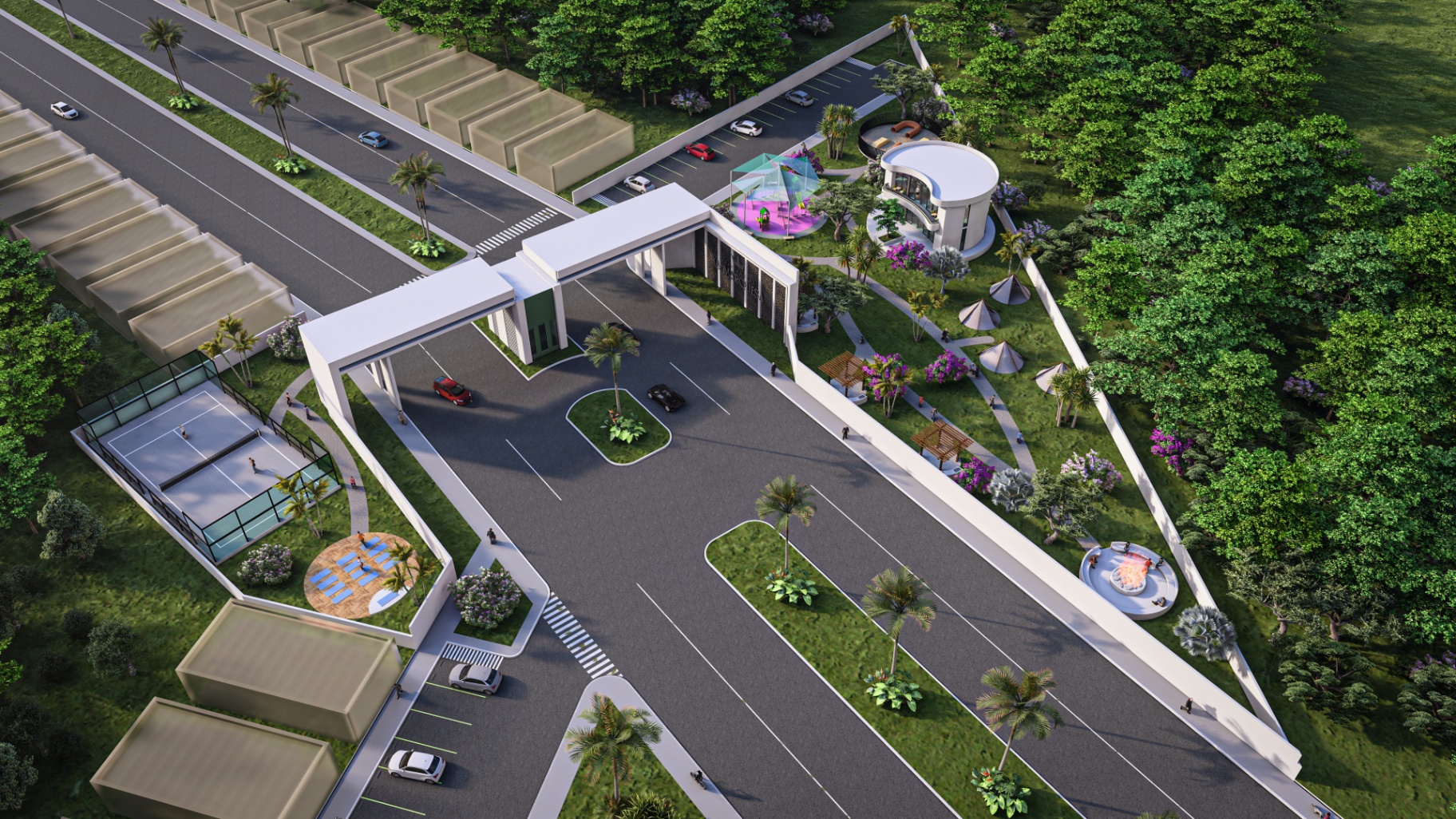 Vista aérea del acceso y amenidades de Residencial La Marquesa